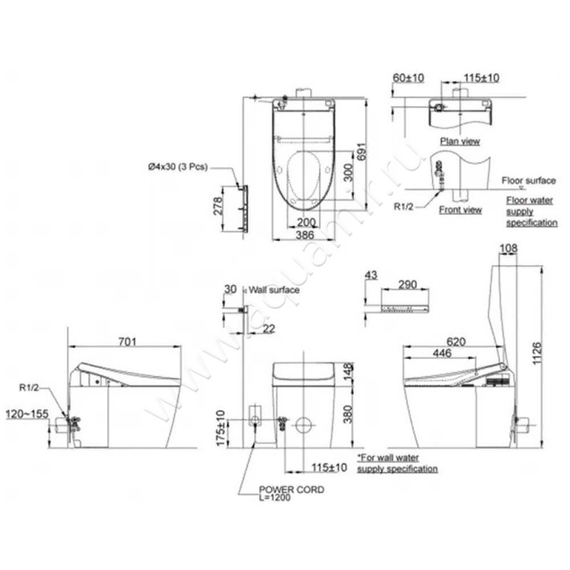 Унитаз подвесной TOTO NEOREST AH CS989PVR#NW1 размеры