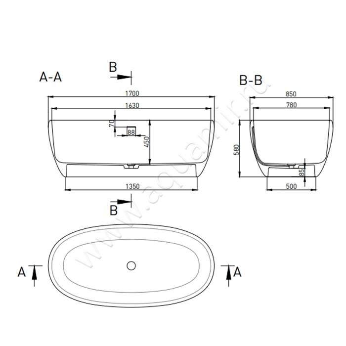 Ванна отдельностоящая Salini LUCE 100121M размеры