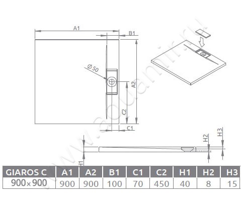 Душевой поддон из литьевого мрамора Radaway Giaros C MKGC9090-03 размеры