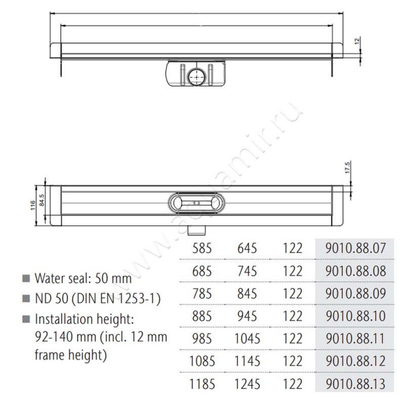 Дренажный канал Aco Showerdrain C 9010.88.34 размеры
