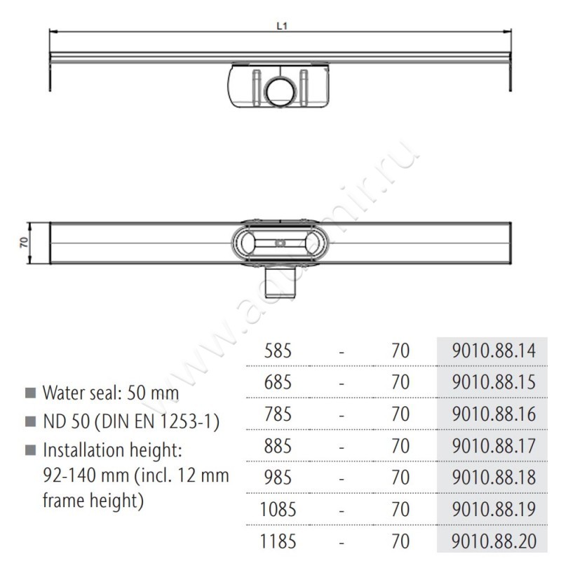 Дренажный канал Aco Showerdrain C 9010.88.39 размеры