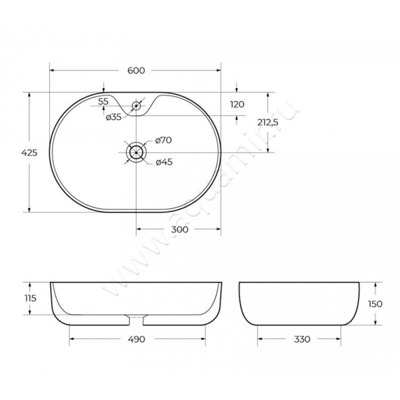 Раковина-чаша накладная с отверстием под смеситель BelBagno BB1151 размеры