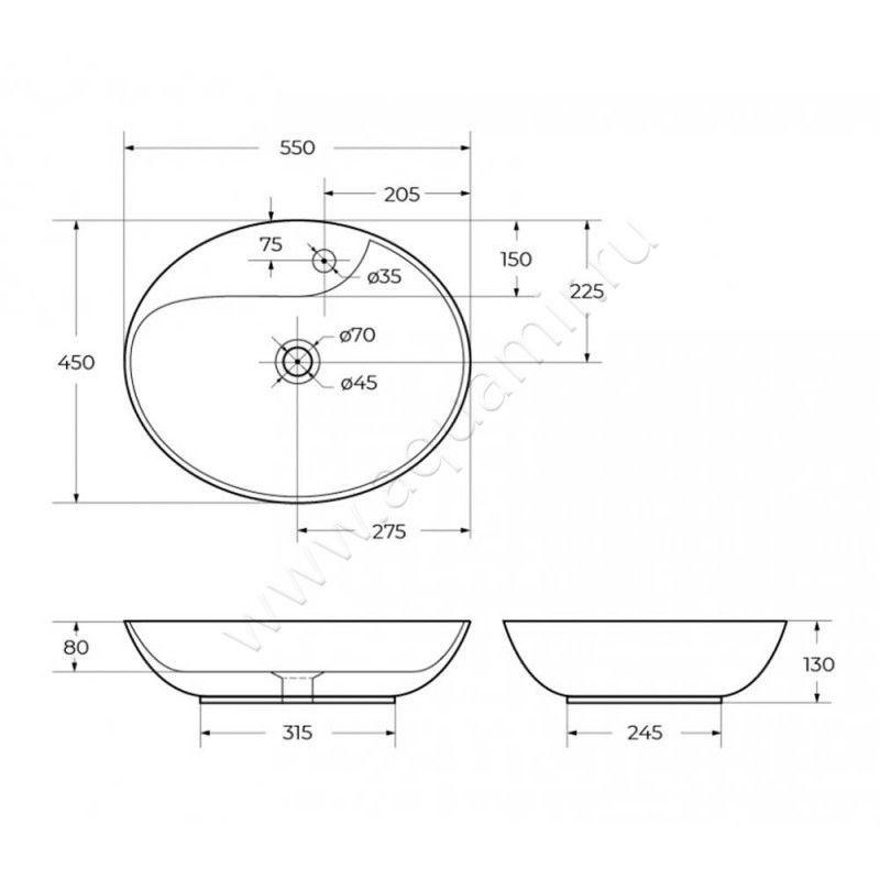 Раковина-чаша накладная с отверстием под смеситель BelBagno BB1370 размеры