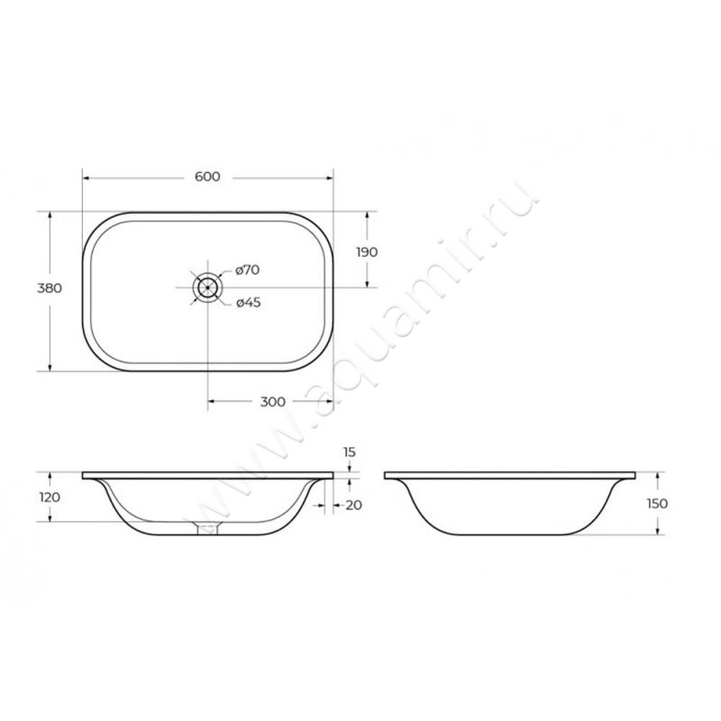 Раковина встраиваемая сверху на столешницу без отверстий Cezares CZR-ARE-60-LVB размеры
