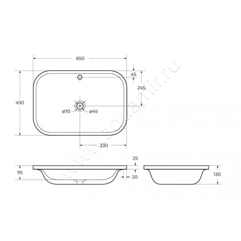 Раковина встраиваемая сверху на столешницу Cezares CZR-DRO-65-LVB размеры