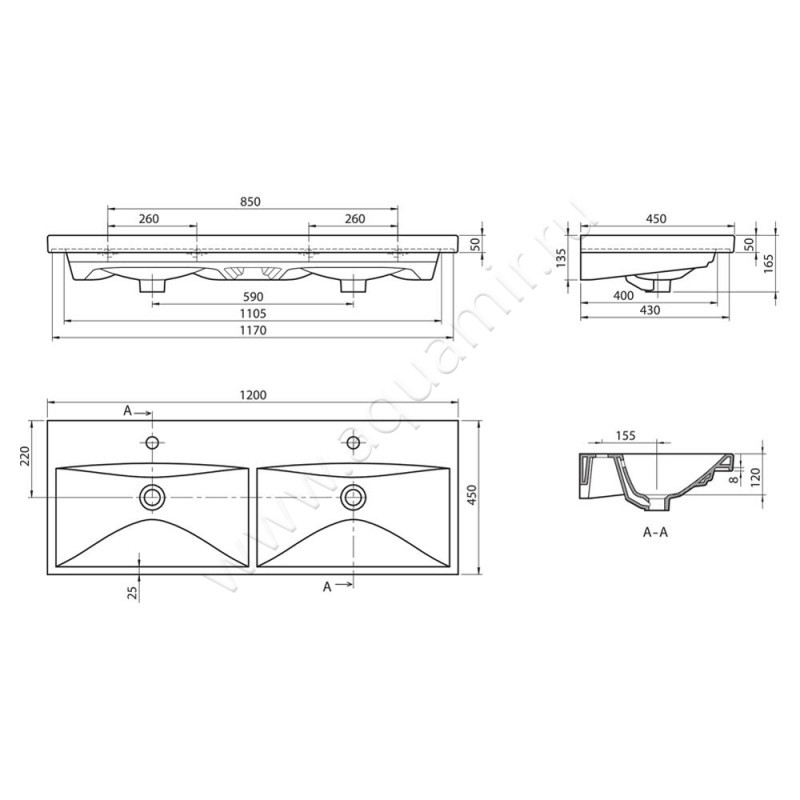 Раковина мебельная накладная BelBagno BB-0325-120-2-LVB размеры