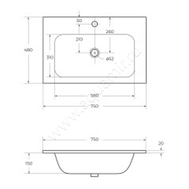 Раковина мебельная накладная Cezares CZR-750/480-LV-MR-ECO размеры