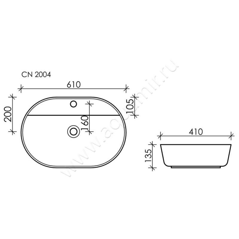 Раковина-чаша накладная с отверстием под смеситель Ceramica Nova MODO CN2004 размеры