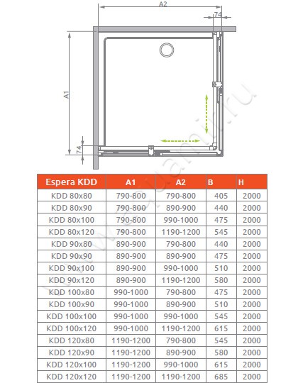 Душевая дверь для ответной части Radaway Espera KDD 380150-01L размеры