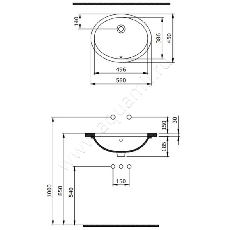Раковина встраиваемая снизу под столешницу без отверстий Berges Wasserhaus Ego 181007 размеры