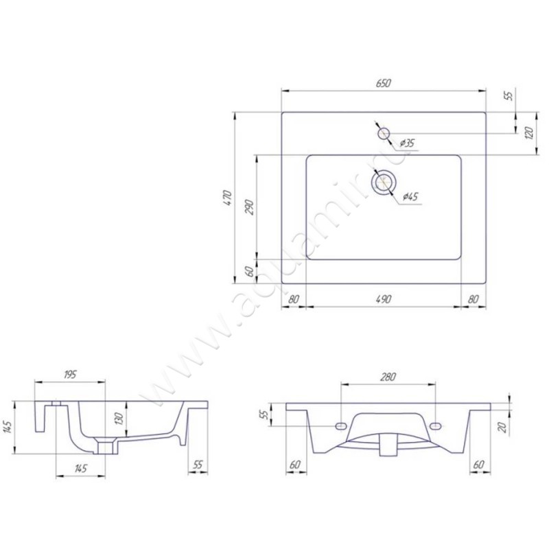 Раковина мебельная накладная Onika Оскар 4640021062203 размеры