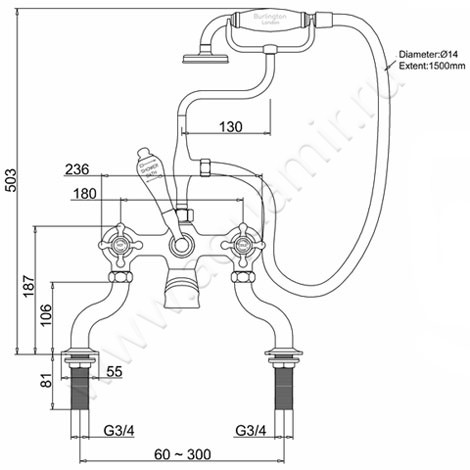 Смеситель для ванны Burlington Claremont T8-QT размеры