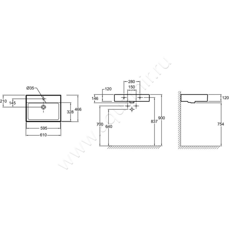 Раковина-чаша накладная с отверстием под смеситель Jacob Delafon Vivienne EXBH112BCM размеры