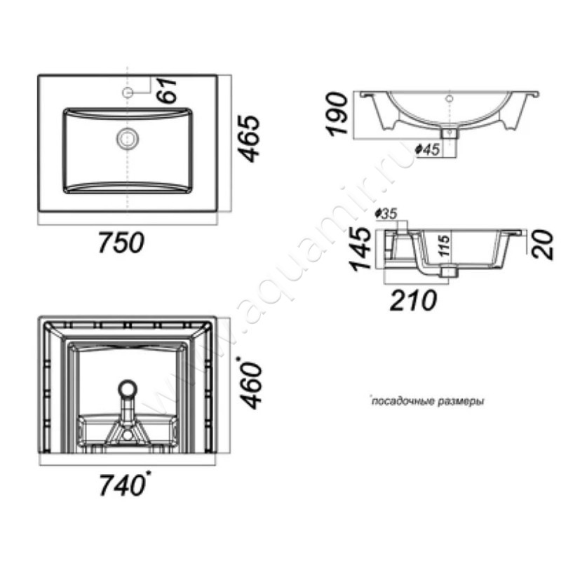 Раковина мебельная накладная Sanita luxe Quadro QDR75SLWB01 размеры
