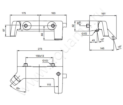 Смеситель для ванны Jado Jes H4496AA размеры