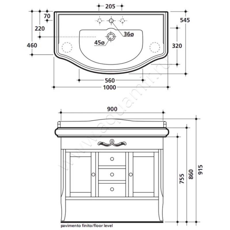 Тумба под раковину Kerasan Retro 734730 размеры