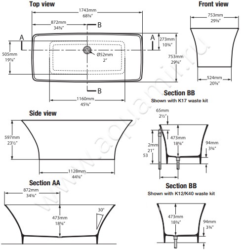 Куариловая ванна Victoria + Albert Ravello RAV-N-SW-NO размеры