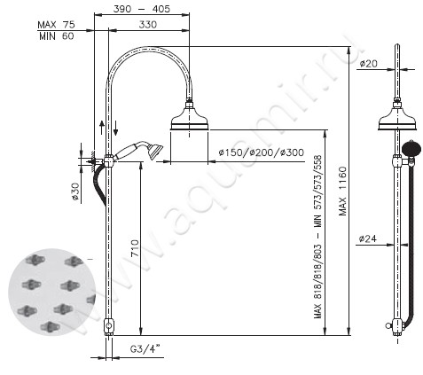 Душевой гарнитур Nicolazzi Doccia Collection 5712WSCR15 размеры