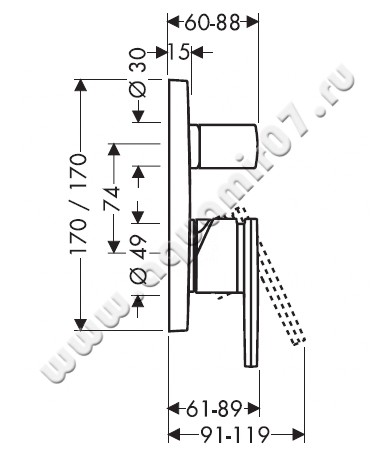 Однорычажный смеситель для ванны/душа Hansgrohe Axor Citterio 39455000 размеры