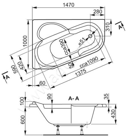 Акриловая ванна Vagnerplast Selena 147 VPBA141SEL3LE-04 размеры