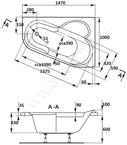 Акриловая ванна Vagnerplast Selena 147 VPBA141SEL3LE-04 размеры