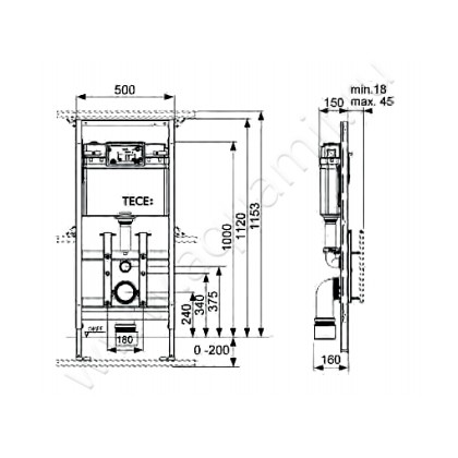 Система инсталляции для подвесного унитаза TECElux 100 9.600.100 размеры