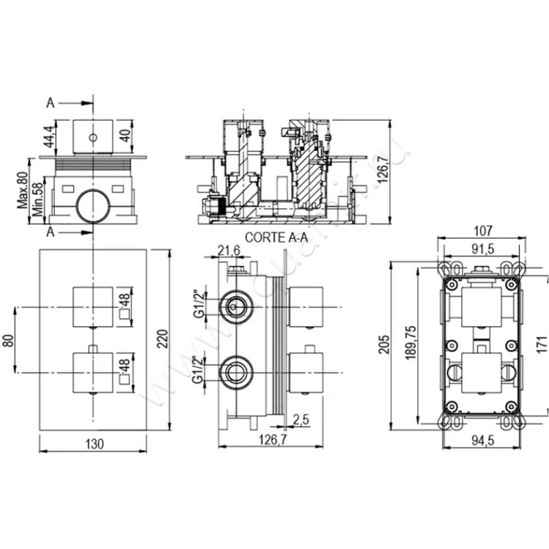 Смеситель для ванны AQG QU 03QUT351CR размеры