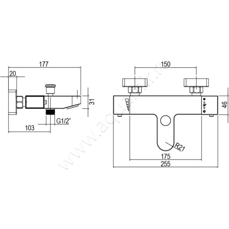 Смеситель для ванны AQG Quark 03QUA400CR размеры
