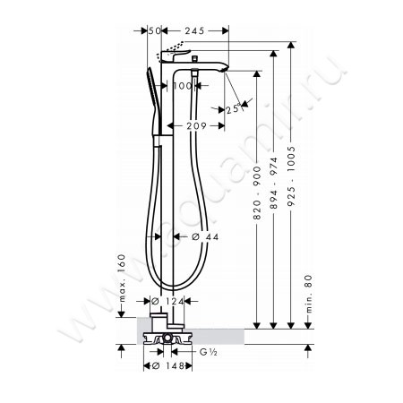 Напольный смеситель для ванны Hansgrohe Metris 31471000 размеры