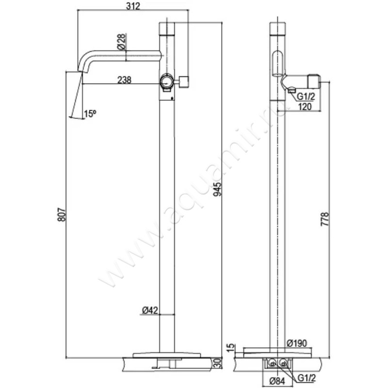 Смеситель для ванны AQG Min 01MIN601CR размеры