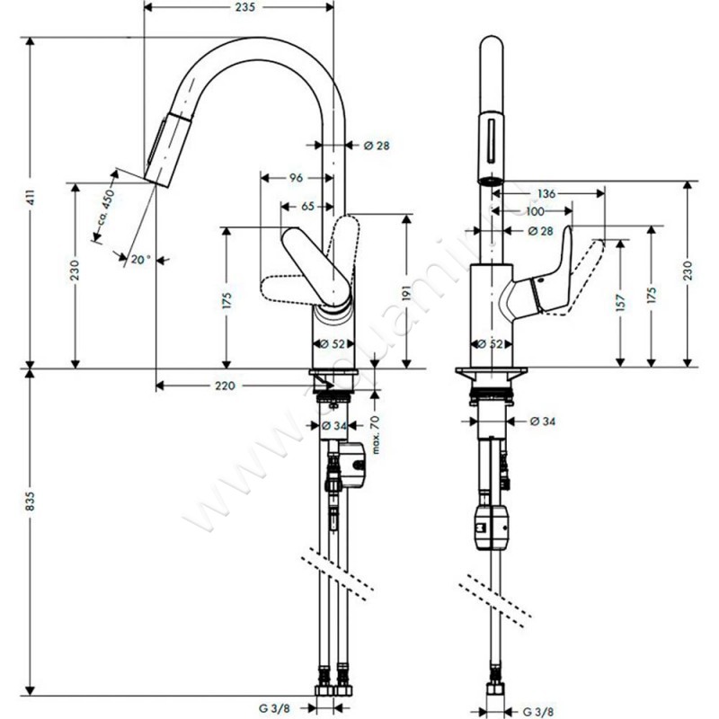 Однорычажный смеситель для кухни Hansgrohe Focus M41 31815000 размеры