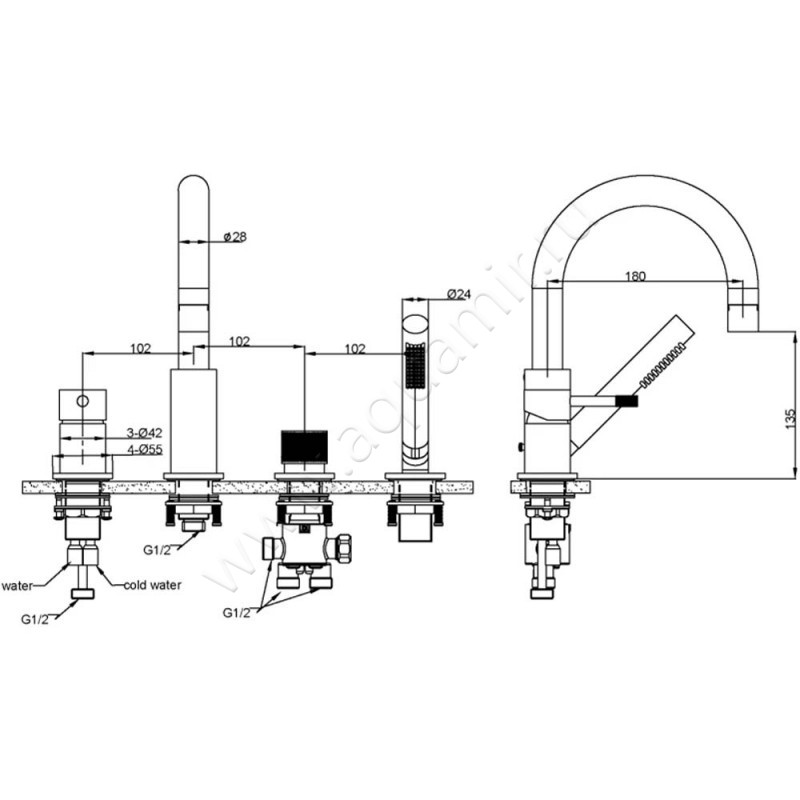 Смеситель для ванны Boheme Uno 460MW размеры
