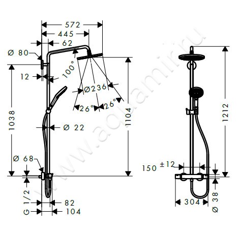 Душевая стойка с термостатом Hansgrohe Raindance Select S 27115000 размеры