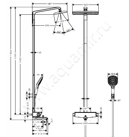 Термостатическая душевая стойка Hansgrohe Raindance Select E 27113000 размеры