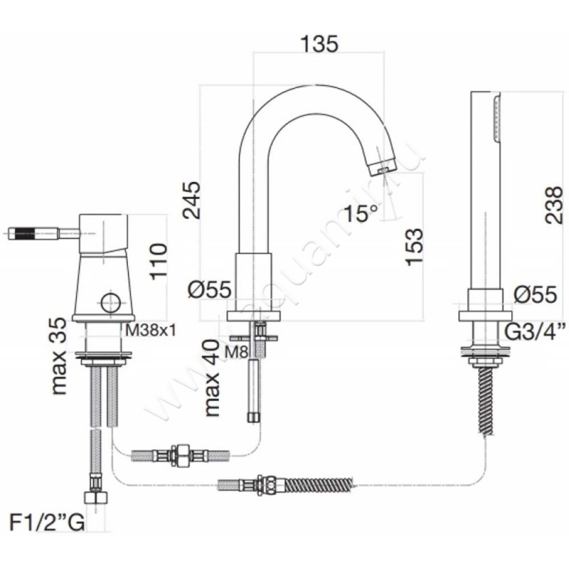 Смеситель для ванны Webert Rimini RI850701010 размеры