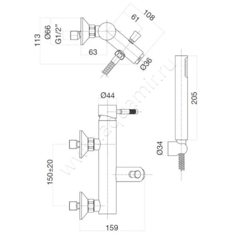 Смеситель для ванны Webert Rimini RI850101015 размеры