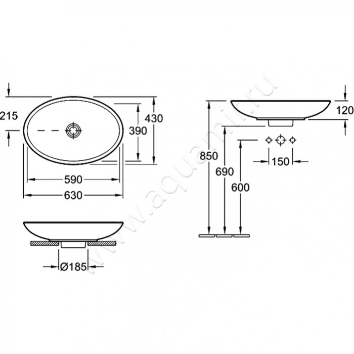 Раковина-чаша накладная Villeroy & Boch Loop & Friends 51511001 размеры