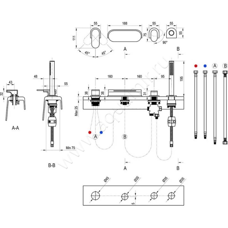 Смеситель для ванны Ravak Chrome X070445 размеры