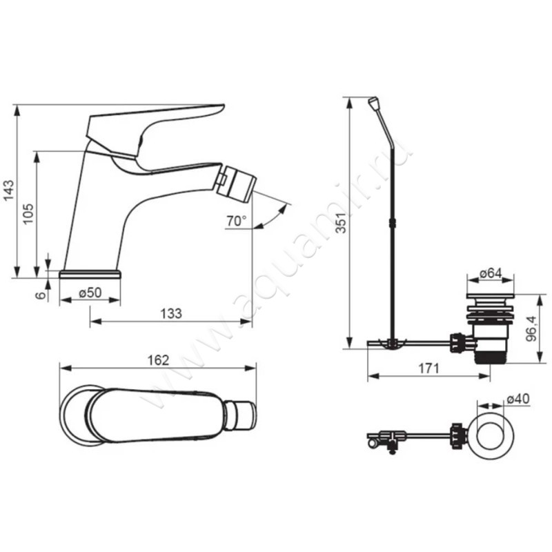 Смеситель для биде Damixa Jupiter 770240000 размеры