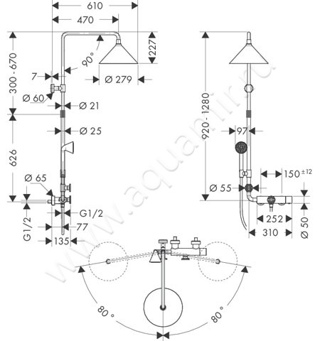 Душевая стойка с термостатом Hansgrohe Axor Front 26020000 размеры