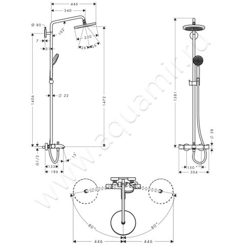 Термостатическая душевая стойка Hansgrohe Croma 27223000 размеры