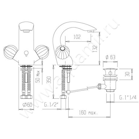 Смеситель для раковины Cezares Royal Palace ROYAL PALACE-LS1-01-MS размеры