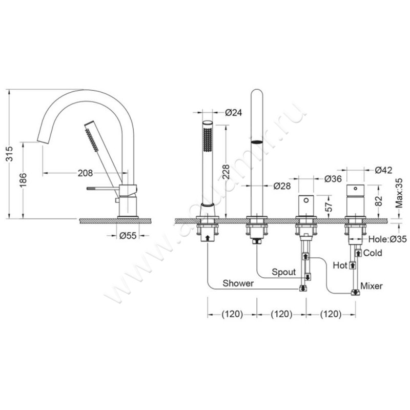Смеситель для ванны Timo Saona 232016Y размеры