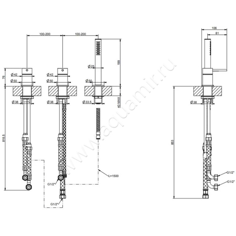 Смеситель для ванны Gessi316 54043239 размеры