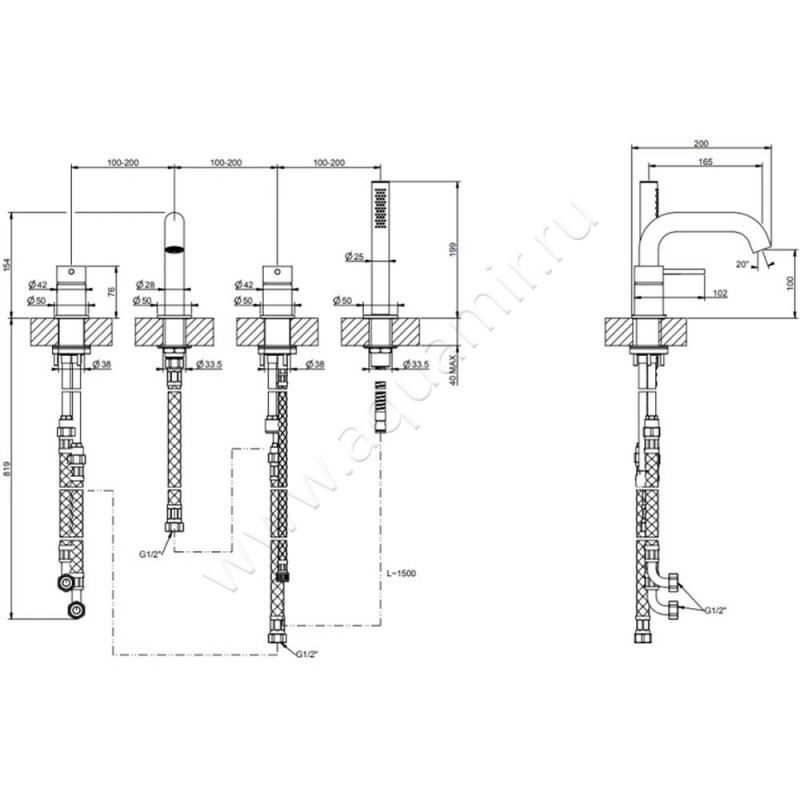 Смеситель для ванны Gessi316 54037727 размеры