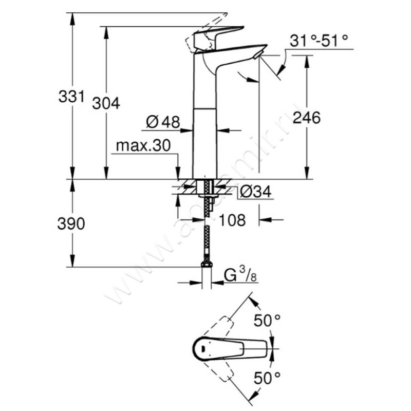 Смеситель Grohe BauEdge New 23761001 размеры