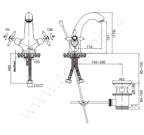 Смеситель для раковины Cezares Nostalgia NOSTALGIA-LS1-01 размеры