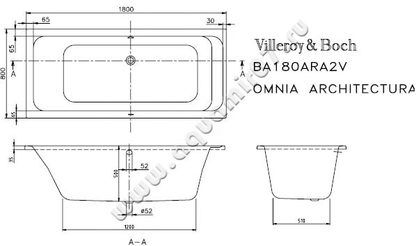 Акриловая ванна Villeroy & Boch Architectura UBA180ARA2V-01 размеры