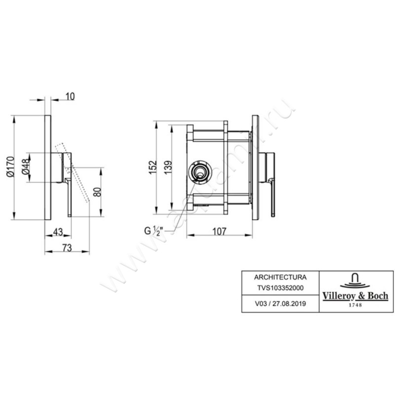 Смеситель Villeroy & Boch Architectura TVS10335200061 размеры