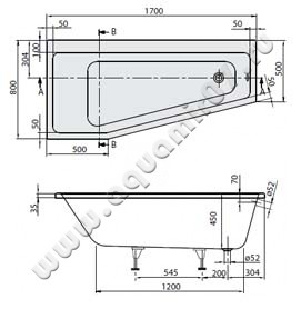 Акриловая ванна Villeroy & Boch Subway UBA178SUB3LIV-01 размеры